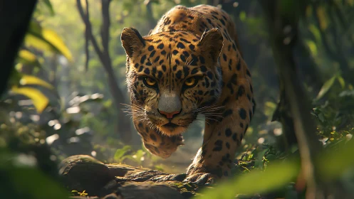 Jaguar specimen in natural jungle environment with filtered light