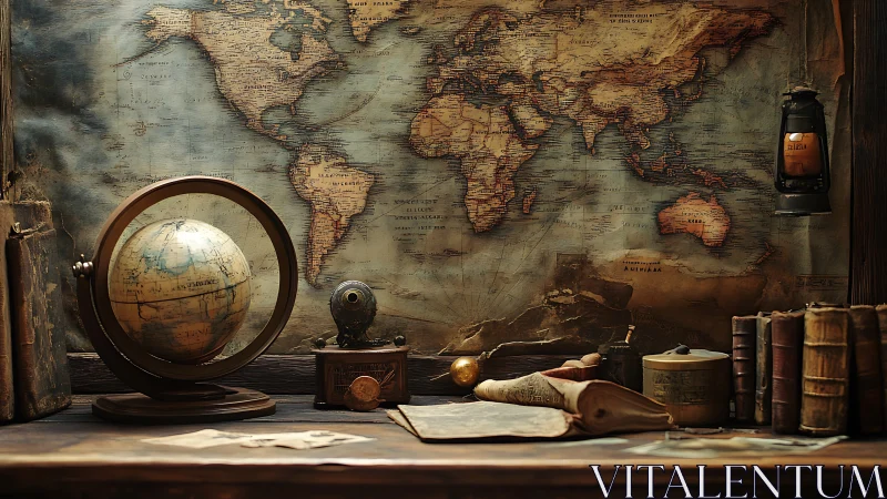 Vintage world map and globe create an old explorer&rsquo;s desk