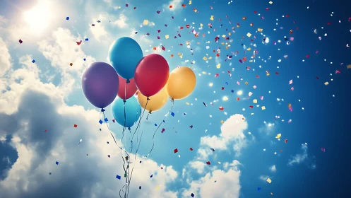 Colorful Helium Balloons with Confetti Dispersal Against Blue Sky