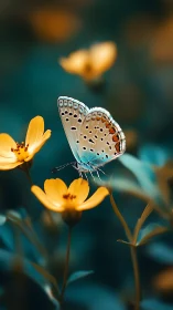 Macro portrait of turquoise butterfly on golden blooms.