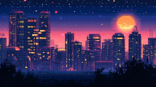 Pixelated high-rise skyline under sunset and night sky.