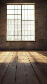 Sunlit wooden floorboards stretch toward a softly frosted window