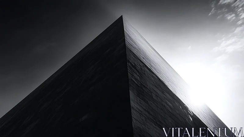 Monolithic dark building corner against bright sky.