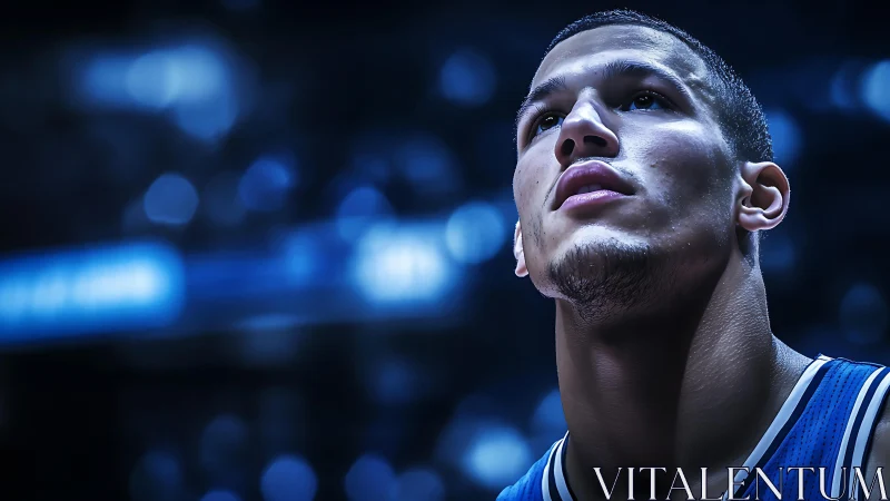Basketball player rendered in close-up with defocused arena lights