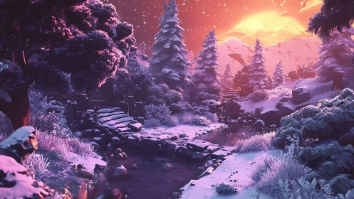 Neon Winter Landscape: Synthwave Sunset over Alpine Forest.