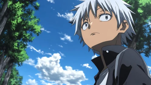 Silver-haired anime youth under expansive summer sky.