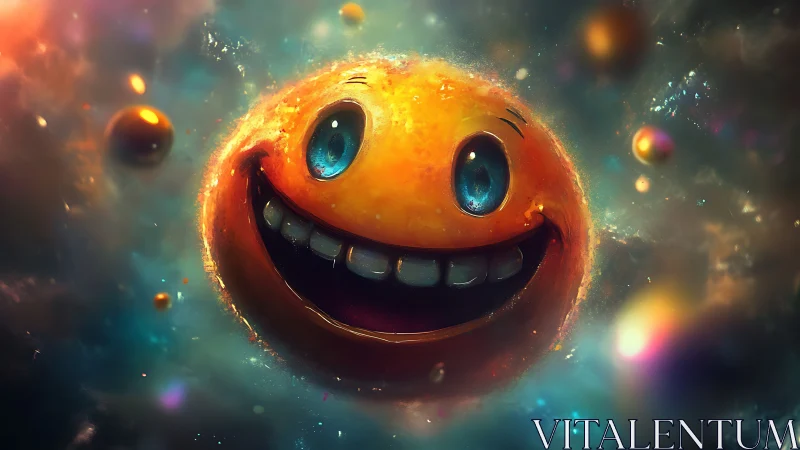 Smiling cosmic emoji planet with glowing blue eyes.