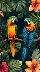 Vibrant macaw pair perched in dense tropical foliage illustration