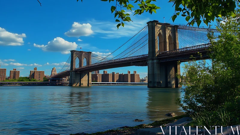 Suspension bridge over river with urban shoreline context.