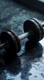 Rain-soaked iron dumbbell resting on a moody gym floor.