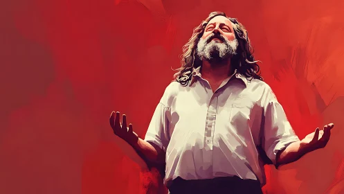 Bearded figure in rapture against vivid crimson backdrop.