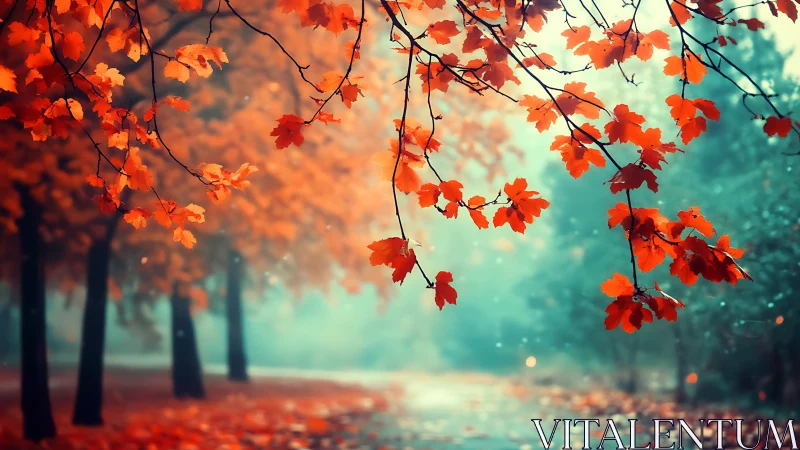 Autumn maple canopy frames a misty forest pathway scene