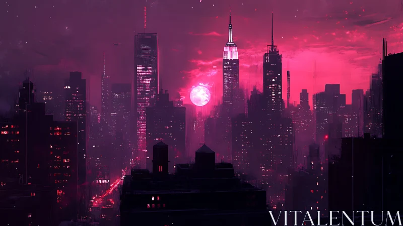 Neon magenta skyline crowns futuristic misted metropolis.