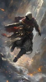 Hooded rogue leaps through firelit cliffs with quiet resolve