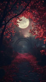 Moonlit garden archway under dense red autumn foliage.