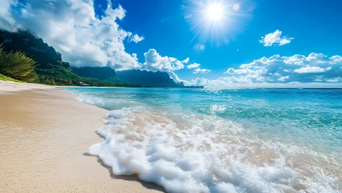 Sunlit tropical shoreline glows beneath crystal blue skies