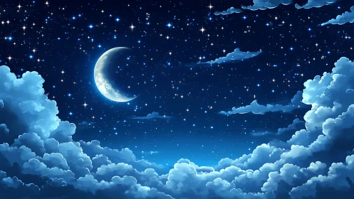 Moonlit cloud kingdoms under a glitter-sprinkled night sky.