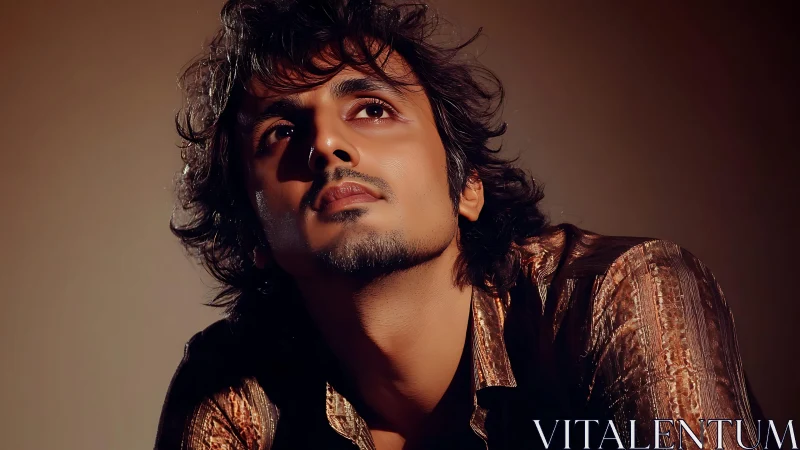 Coppery studio glow cradles a wistful gaze toward light