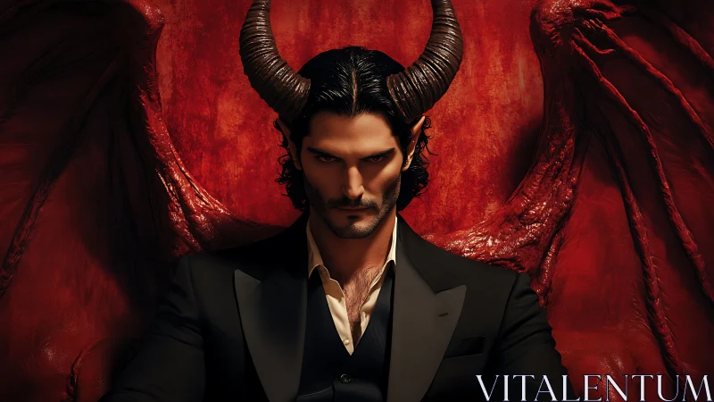 Demonic gentleman in suit framed by crimson wings.
