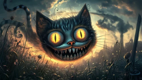 Glowing feline head over dark field and industrial skyline.