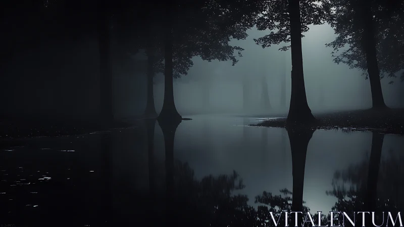 Foggy forest waterway with tree silhouettes and reflections.