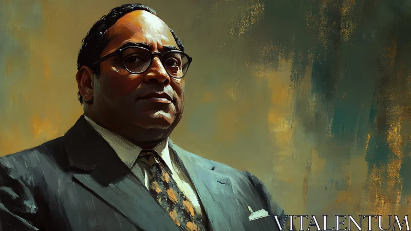 Confident suited man painted against textured abstract backdrop