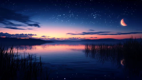 Gentle twilight lake glows under a crescent moon and stars