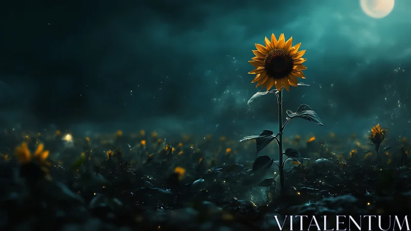 Single sunflower in dark misty field under full moon.