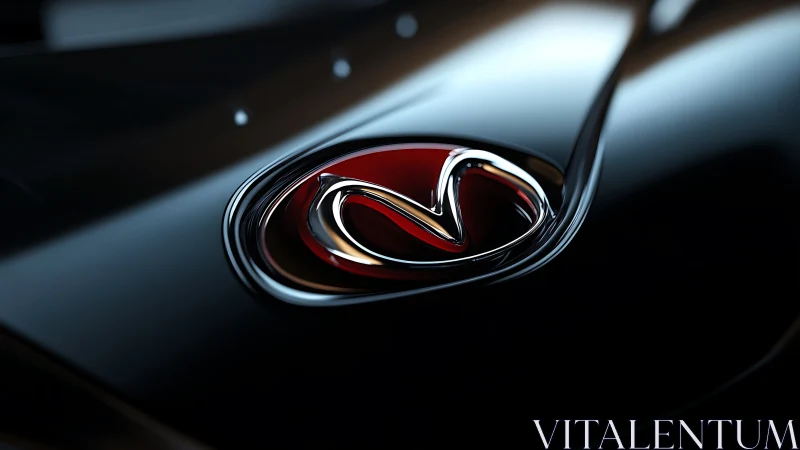 Chrome automotive emblem sits on glossy black car hood