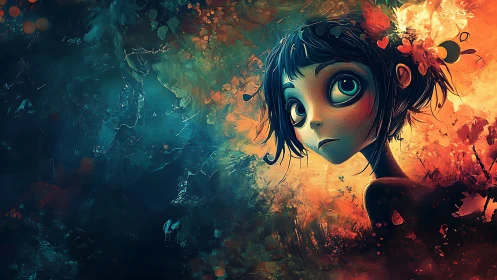 Digital painting portrait in dual-tone abstract environment.