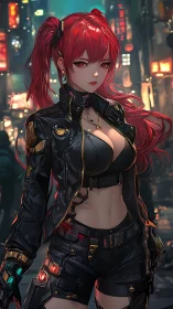 Cybernetic red haired operative stands in neon drenched alley