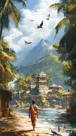 Monk walks toward riverside temple beneath tropical peak.