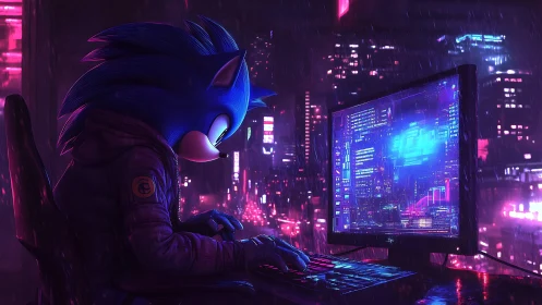 Neon city hacker hedgehog types under glowing cyber rain