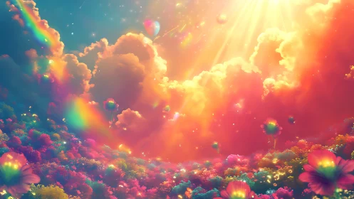 Luminous rainbow cloudscape over iridescent dream meadow.