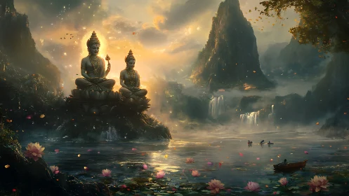 Sacred lotus lake with monumental Buddhas at sunrise.