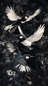 Midnight magpies in flight over shadowed floral canopy.