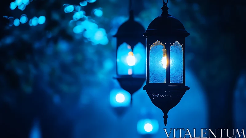 Blue nocturnal lanterns in shallow depth-of-field glow.