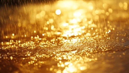 Golden backlit rain streaks sparkling across wet ground.