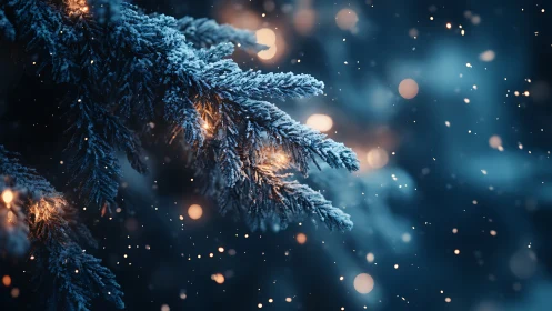 Cozy winter pine branches glowing softly in snowy night.