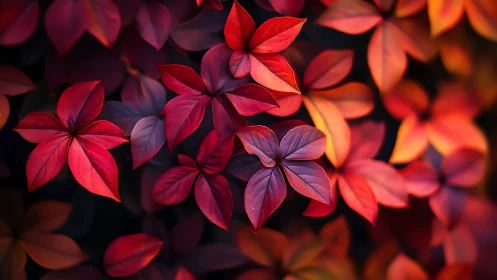 Velvet red leaves glowing in a soft autumn twilight hush.