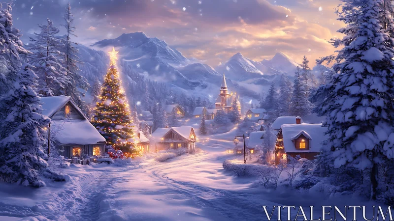 Snowy village street with lit Christmas tree at dusk.