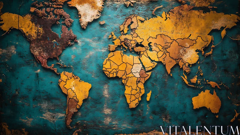 Weathered world map glows warmly against rich teal seas