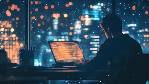 Night coder at glowing laptop in a dreamy city loft.