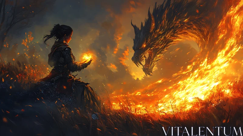 Sorceress confronting emergent fire dragon in dusk-lit grassland