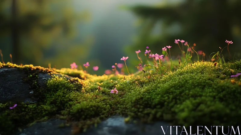 Mossy forest stone with pink wildflowers at sunrise.