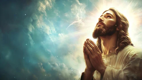 Radiant prayerful figure beneath luminous heavenly sky.