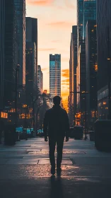 Silhouette wanderer crossing a neon dusk canyon of glass.