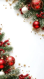 Red and gold Christmas ornaments frame a minimal white space