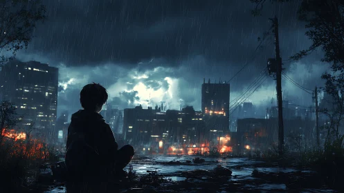 Rain-drenched dreamer studies a storm-lit neon city edge