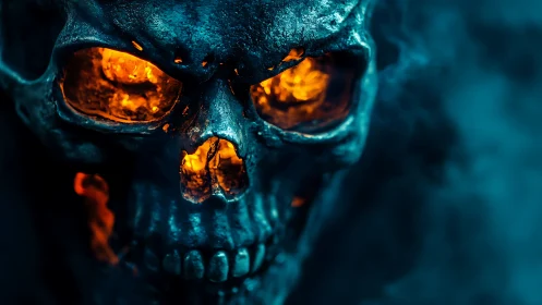 Molten-eyed skull grins while cold blue smoke recoils